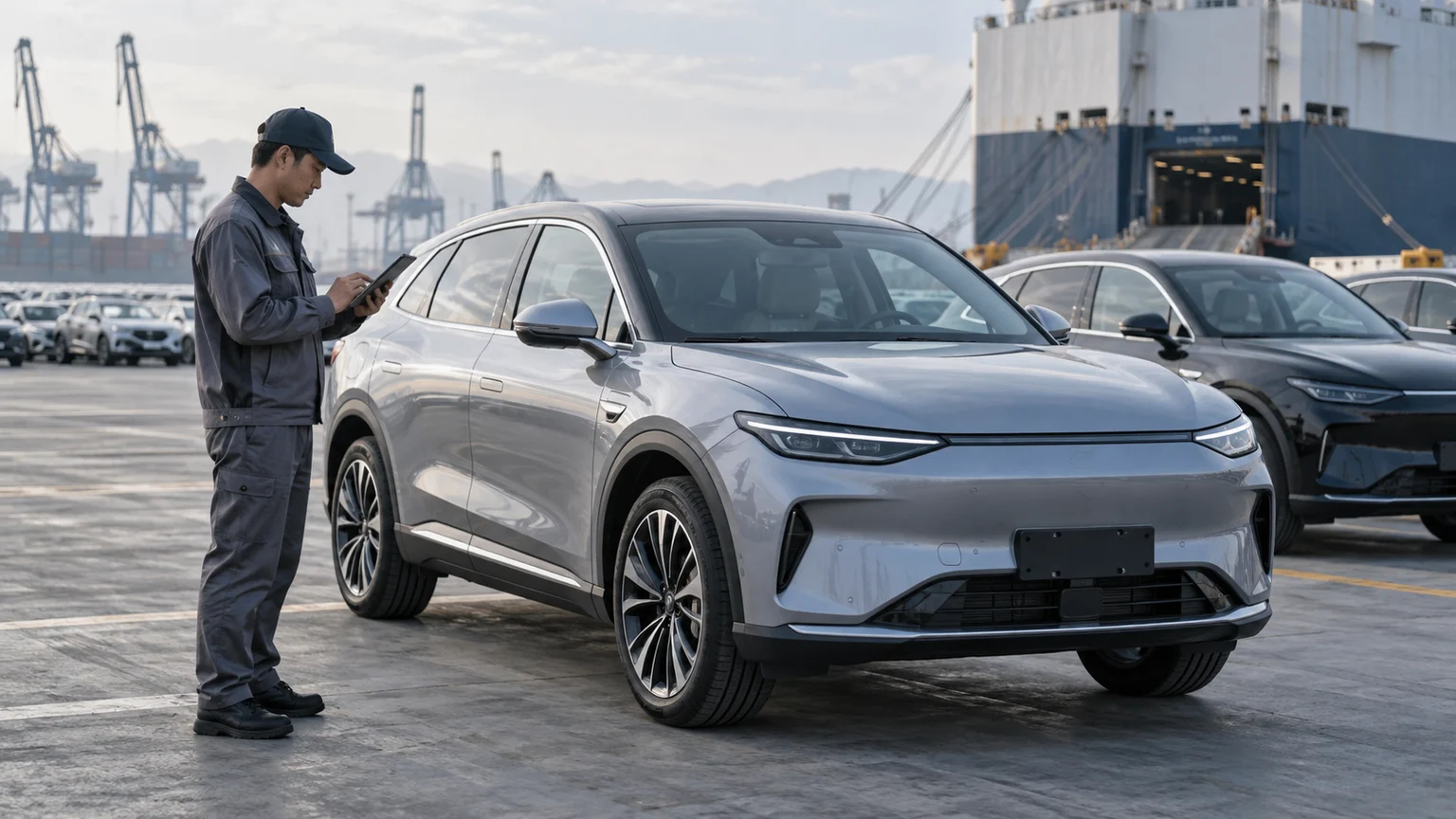 Специалист с планшетом осматривает электромобиль на площадке автомобильного терминала